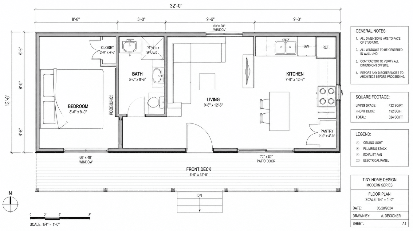 architectural blueprint of a tiny home, 432 sq ft living space, 32x13 ft, one bedroom, bath, living area, kitchen with pantry, and 192 sq ft front deck