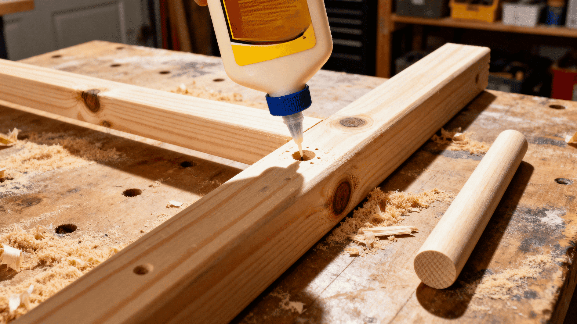 apply wood glue and assemble the blanket ladder with dowels before sanding and finishing the wood
