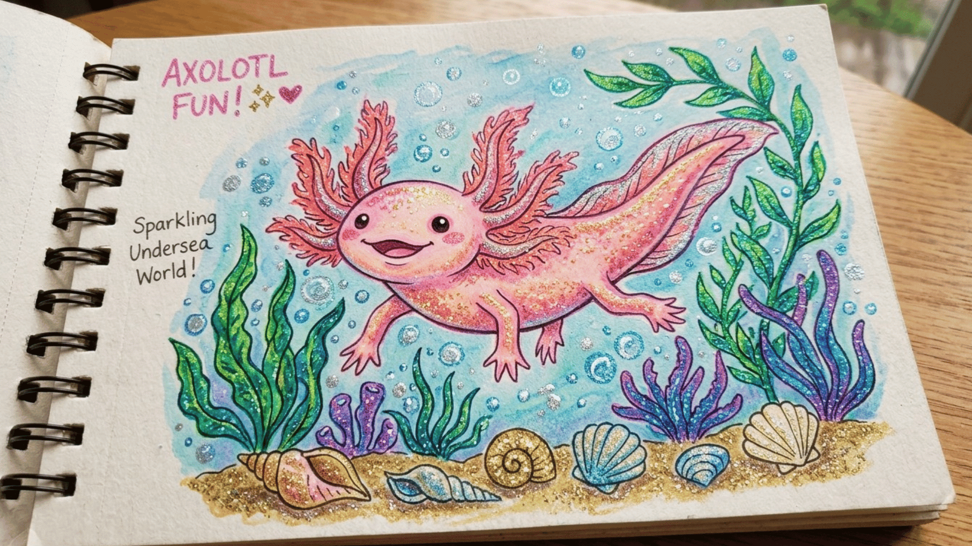 cute axolotl drawing swimming underwater with frilly gills, bubbles, shells, and sea plants