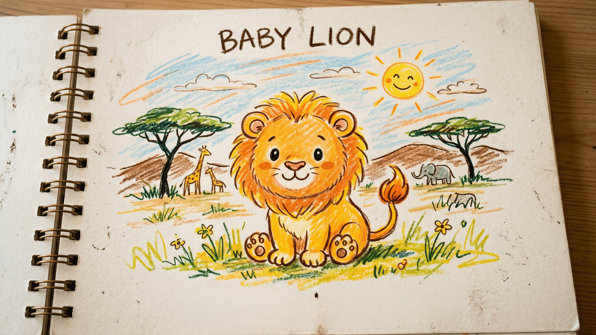 realistic sketch file drawing of a cartoon lion made with crayons
