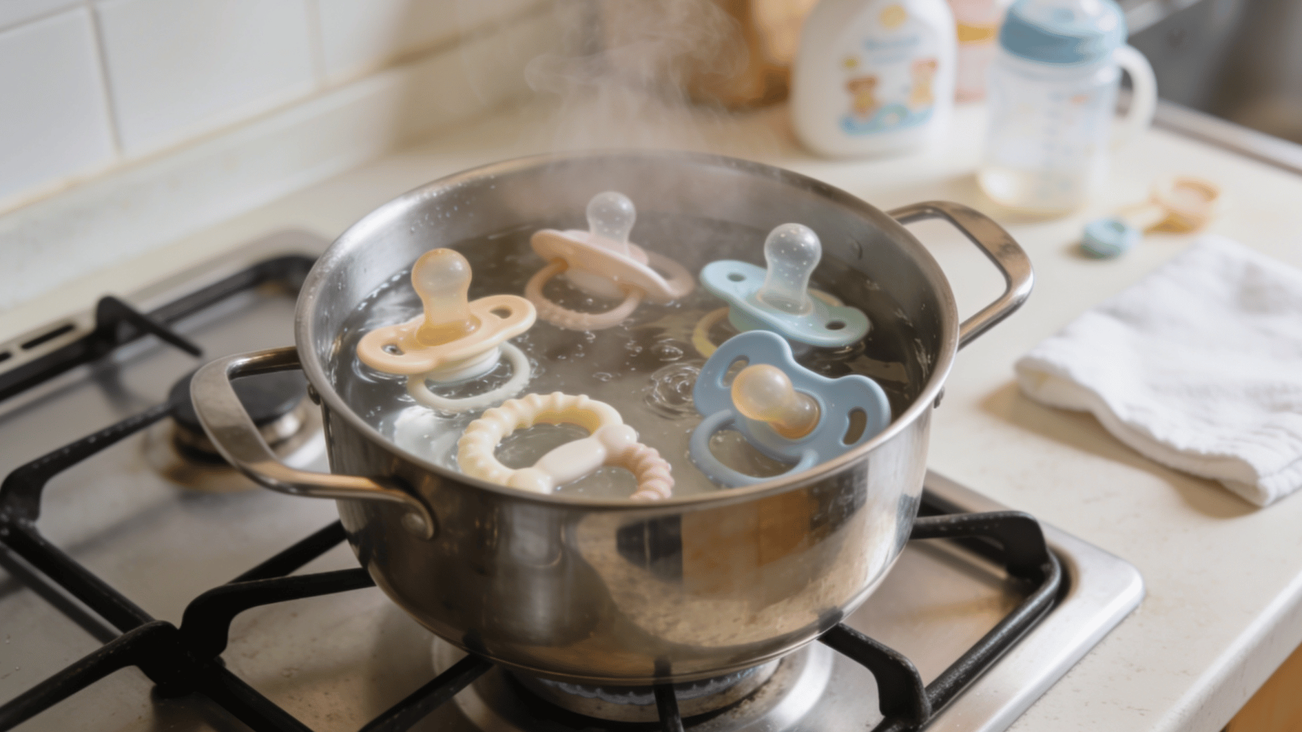 baby pacifiers and teething toys being sterilized in a pot of boiling water on a kitchen stove
