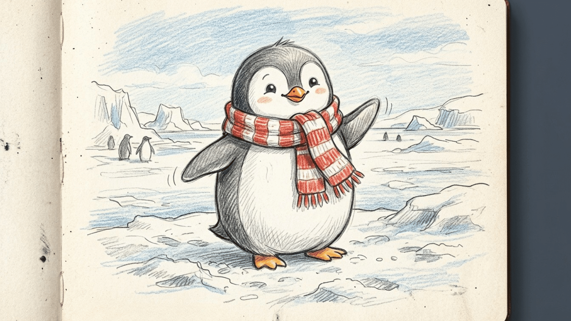 realistic sketch file drawing of a funny penguin coloured with pencil colours