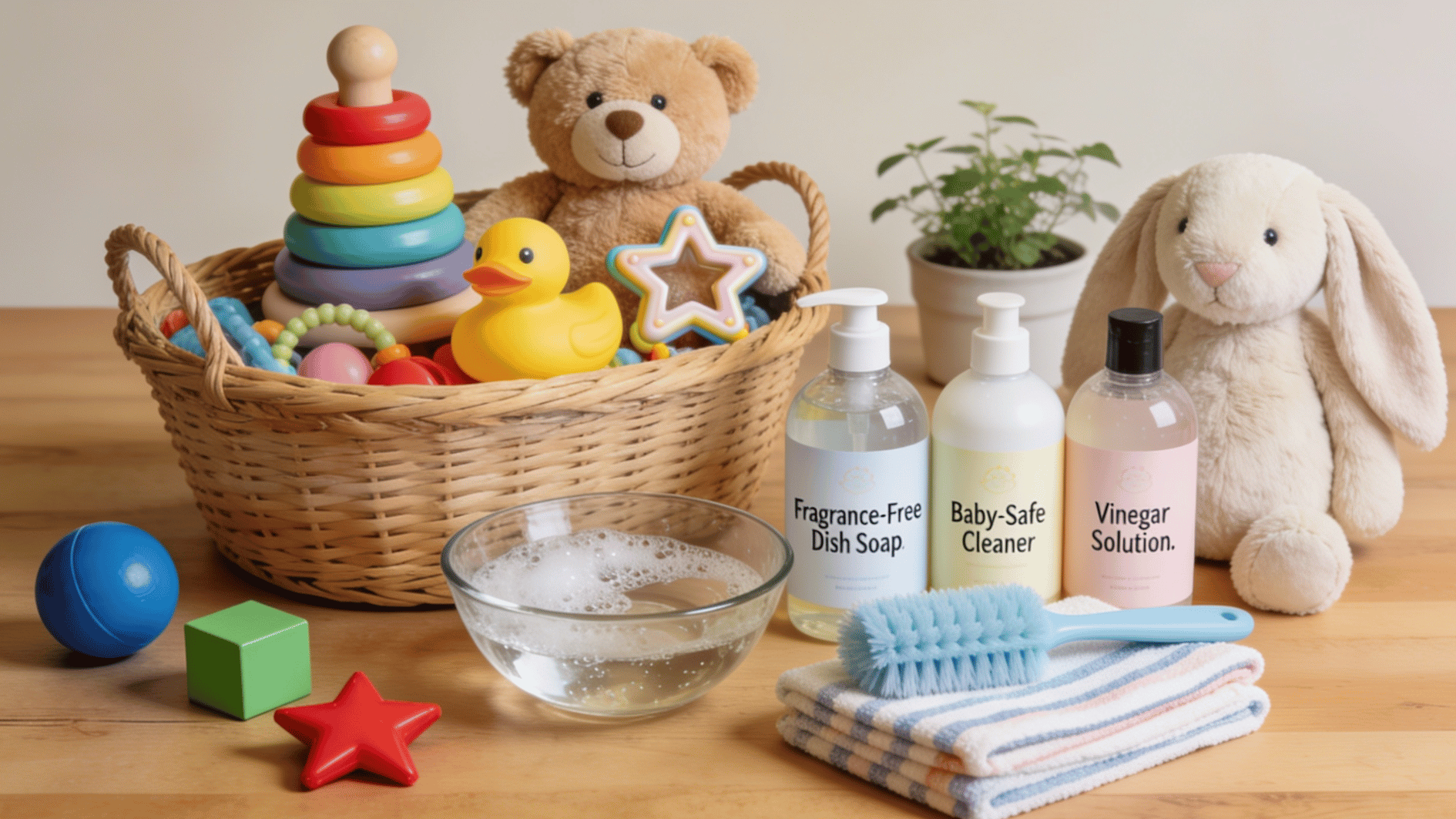 baby toys cleaning supplies and plush animals arranged on a table with gentle child safe cleaning products