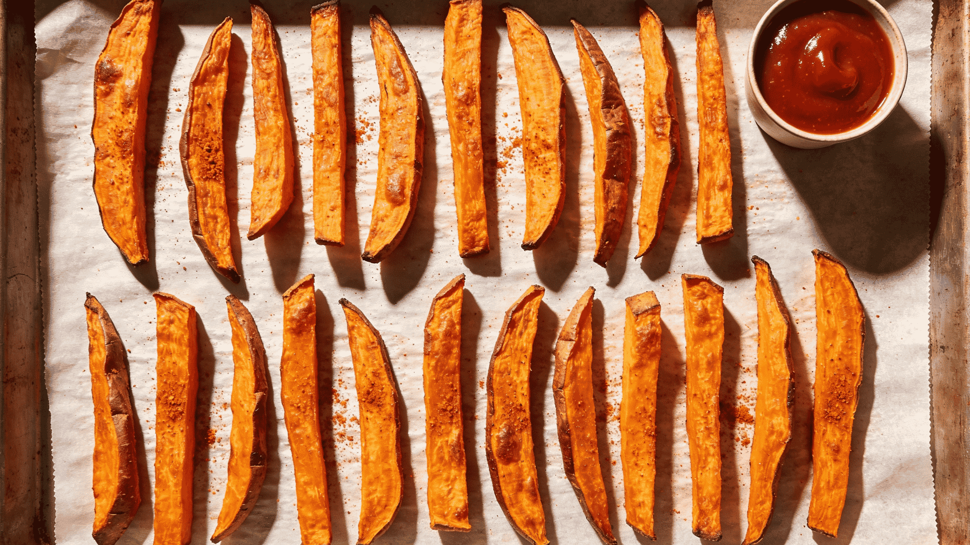 baked sweet potato fries on parchment lined baking sheet with paprika and ketchup, healthy meal ideas for kids