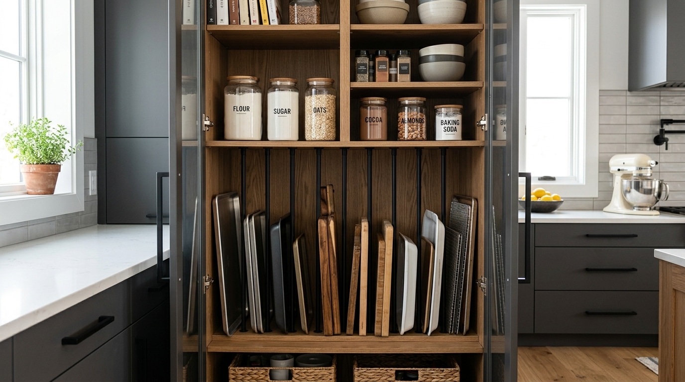 Baking sheets and trays stored vertically using tension rods.