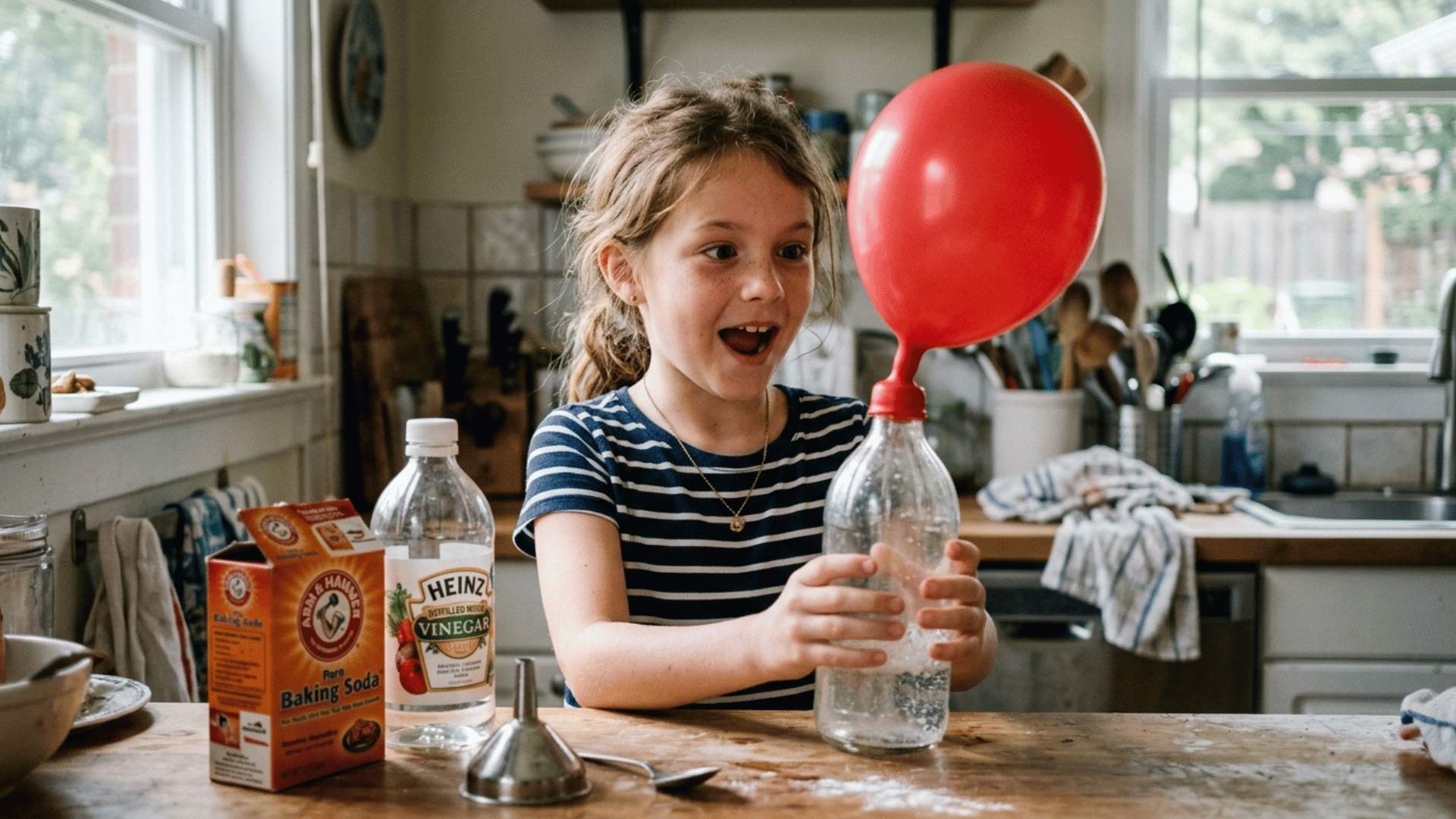 girl child holding a bottle as a red balloon inflates from a baking soda and vinegar reaction