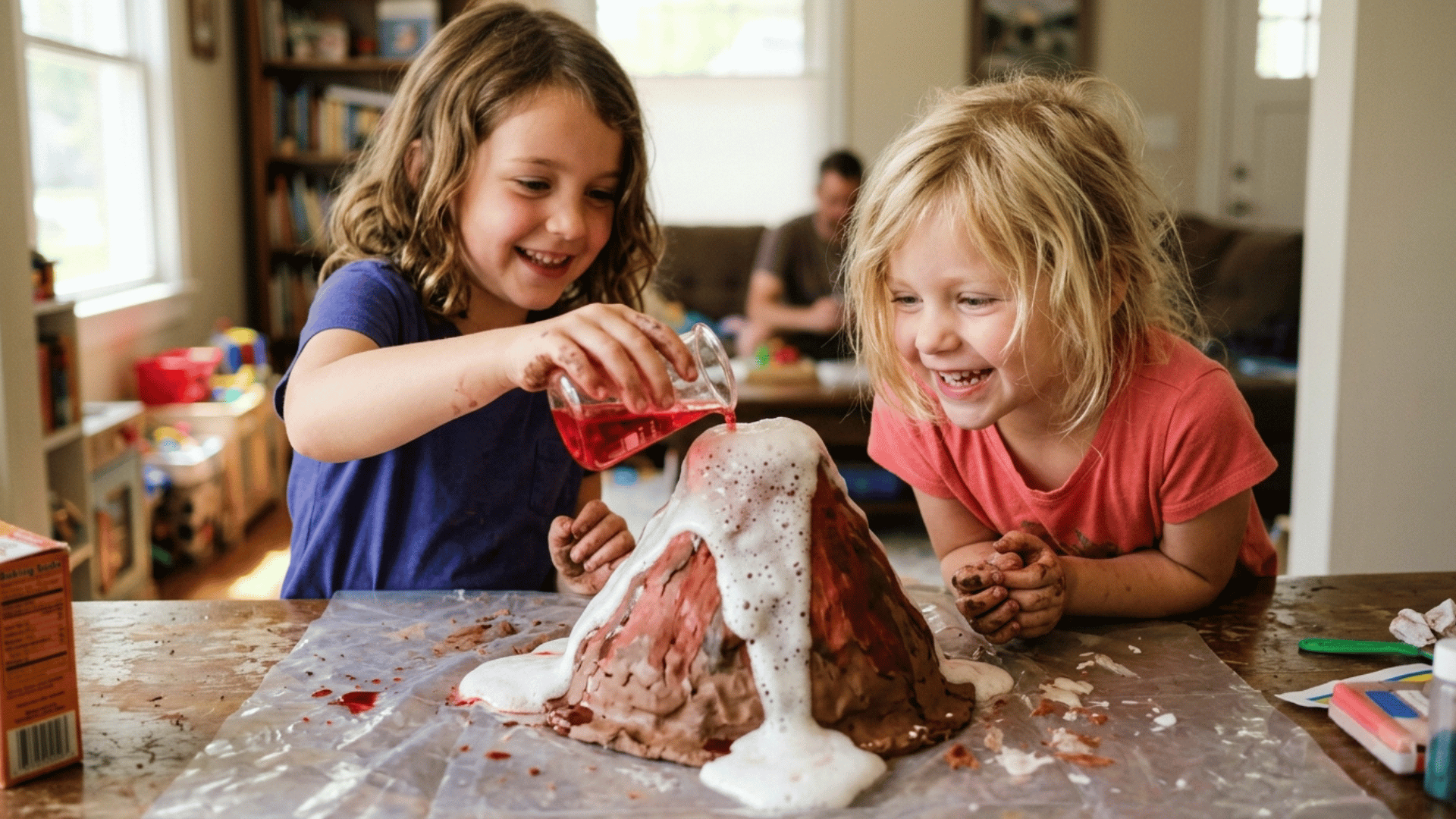 two children smile as they create a foaming baking soda volcano with red lava flowing down the sides