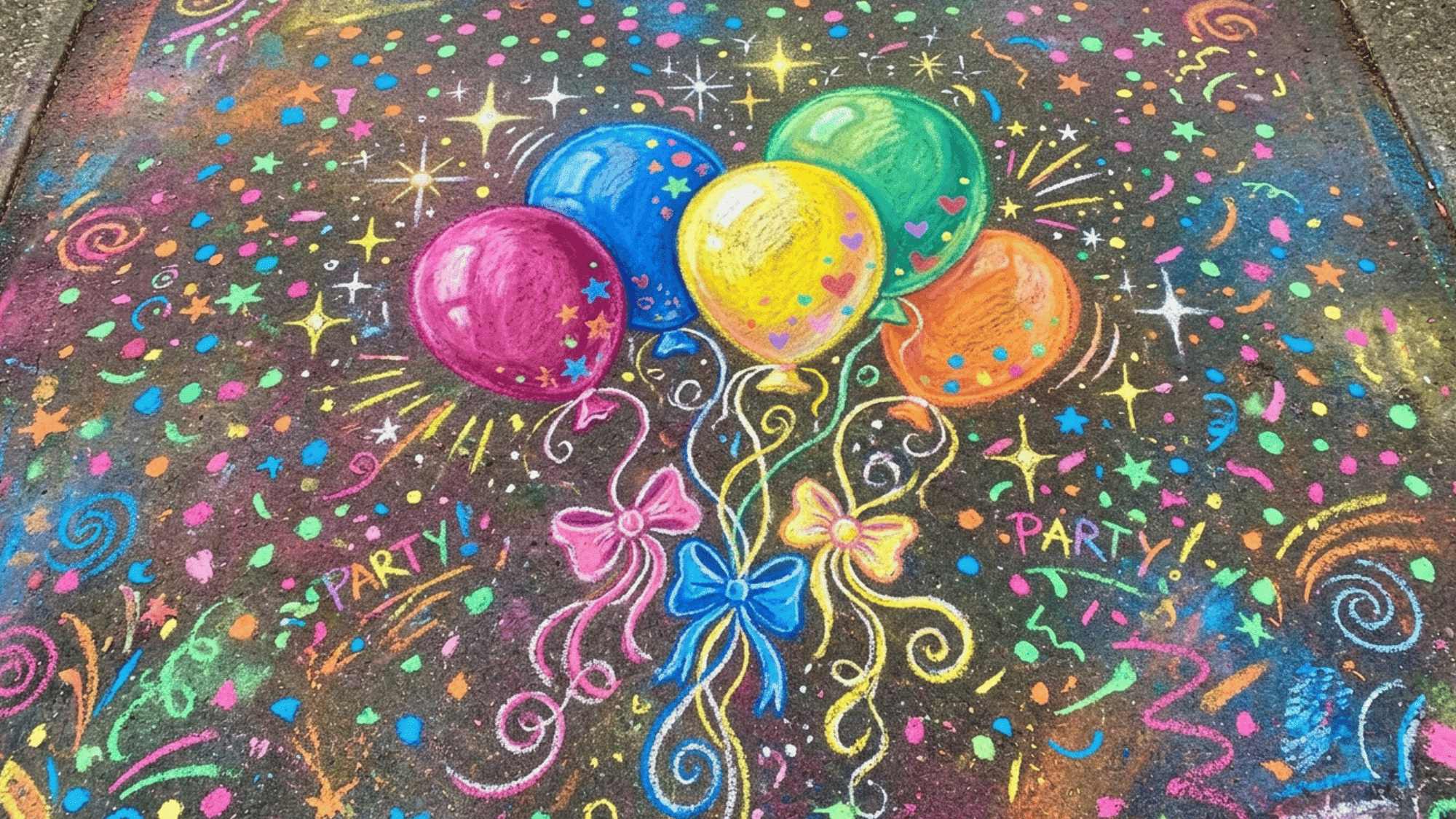 joyful chalk art design showing floating balloons with strings, bows
