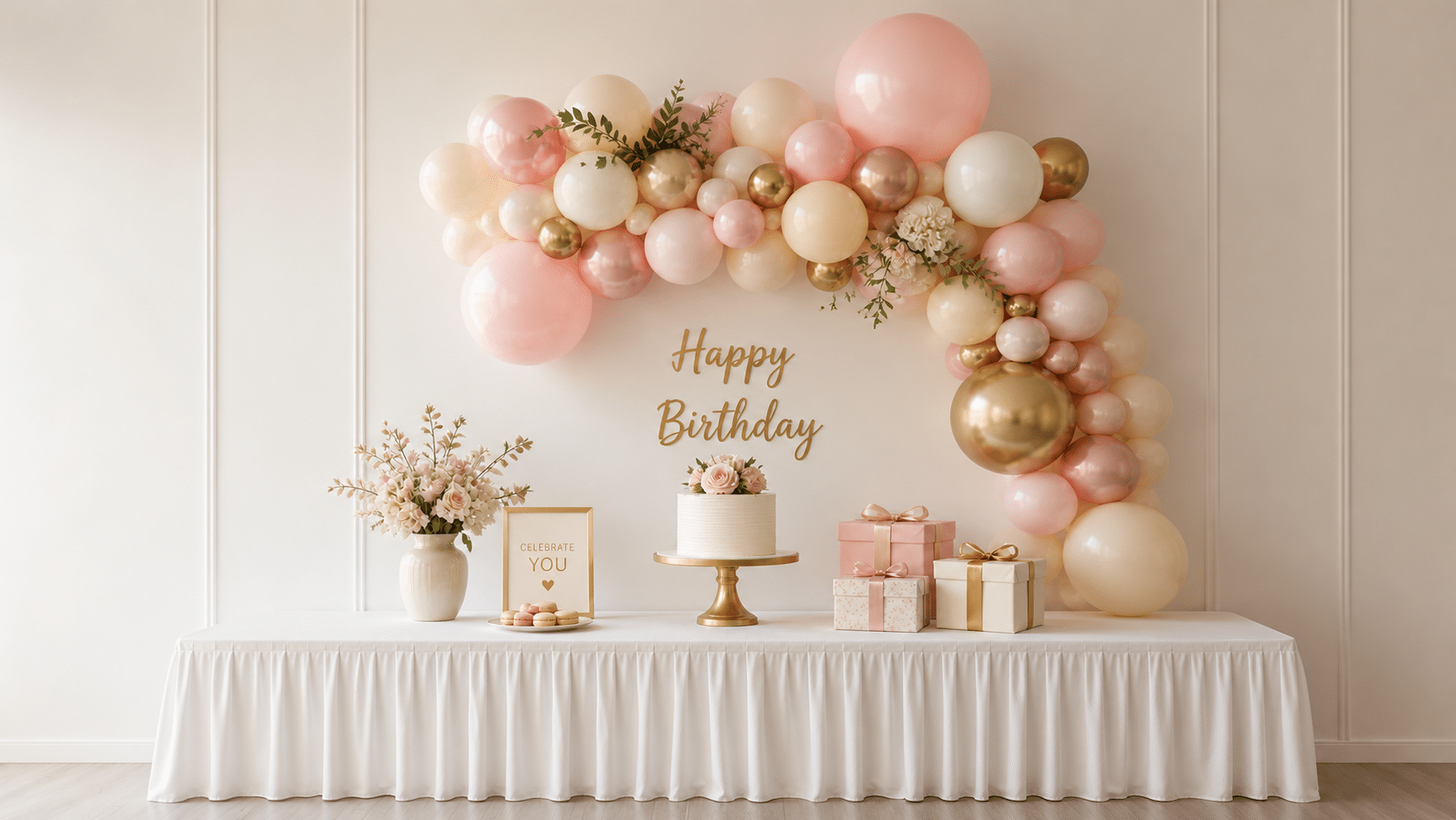 Pastel organic balloon garland above a dessert table for a cheerful birthday party setup.