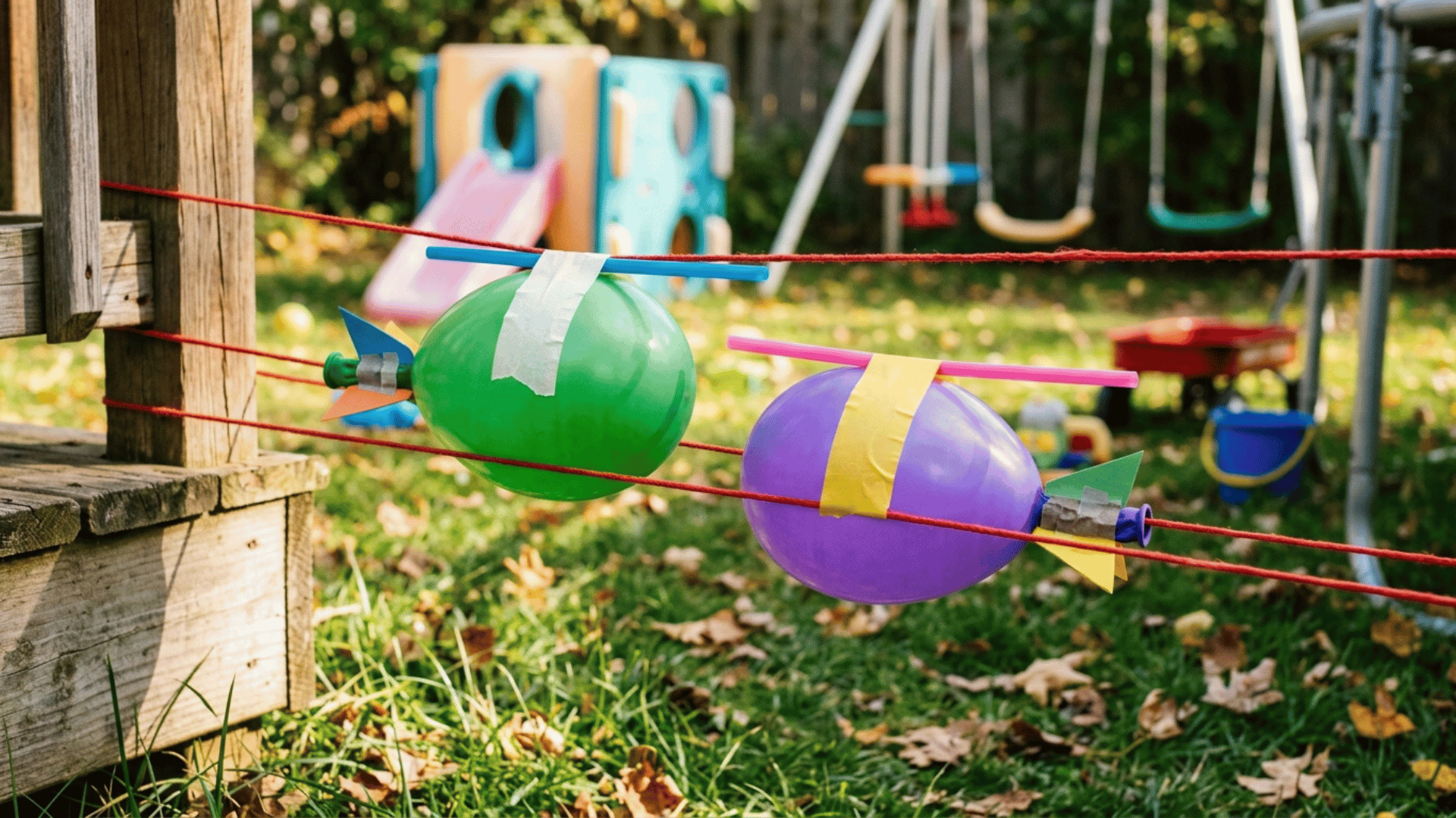 two balloon rockets made from balloons, straws, and string are set up for a hands-on backyard science experiment