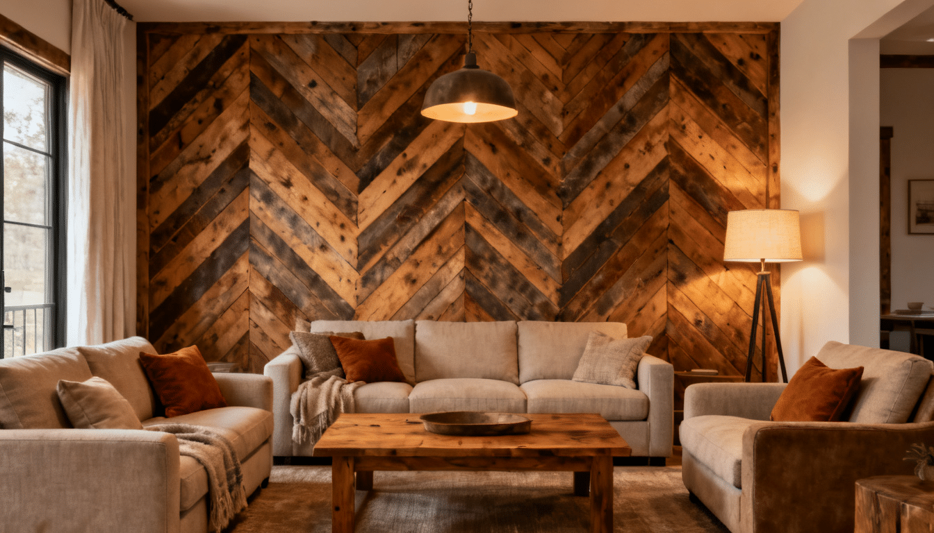 Reclaimed barn wood herringbone wall with angled planks in a warm rustic room