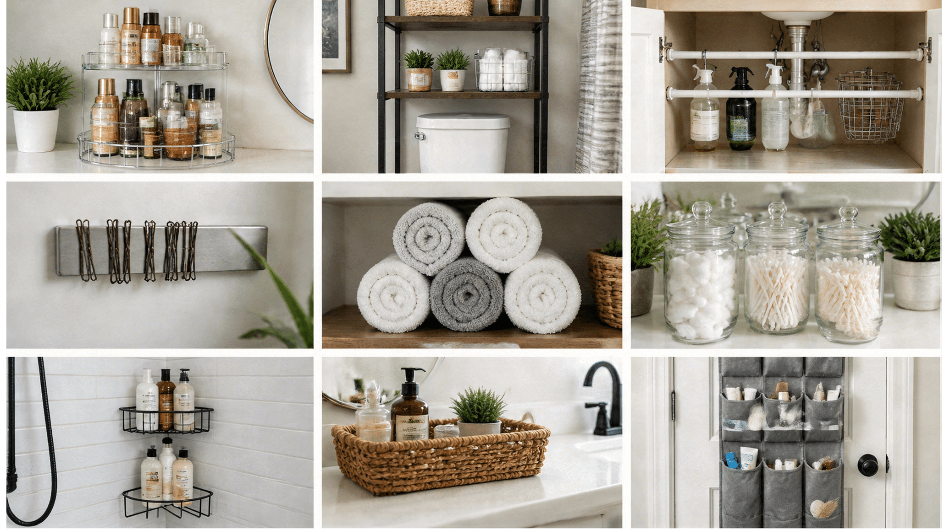 bathroom organization setup with skincare trays towel storage cabinet organizers and shower essentials neatly arranged