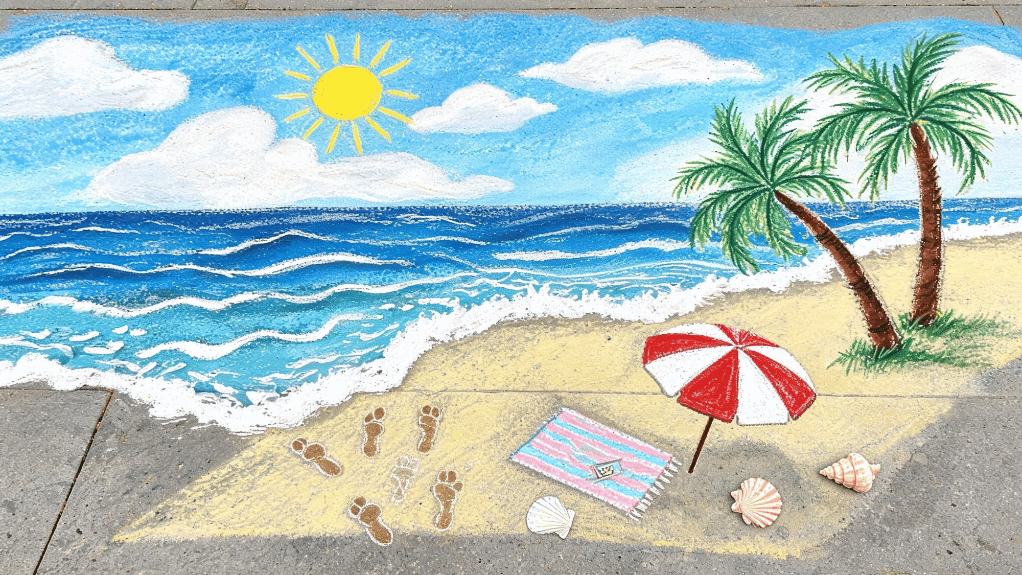 sunny beach chalk art drawing on pavement with ocean waves, sand, beach umbrella