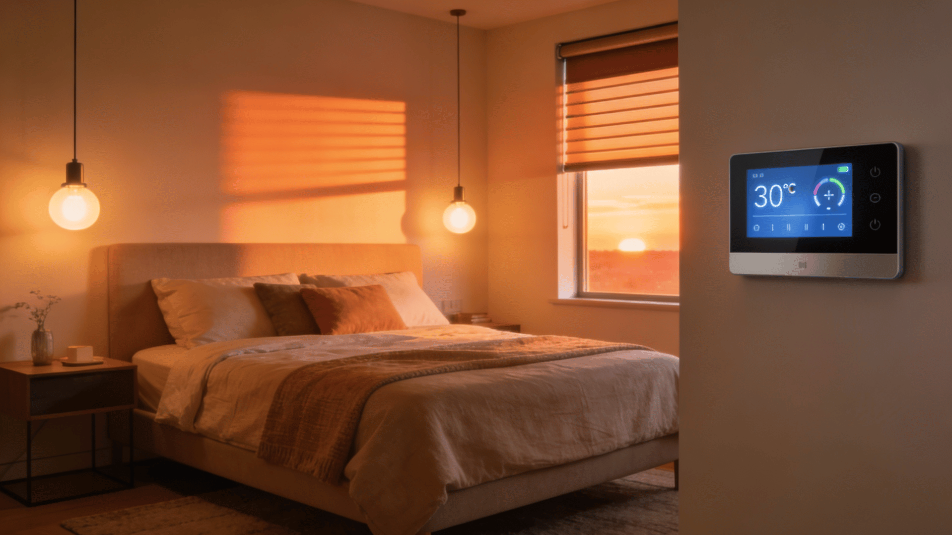 bedroom with smart thermostat control panel displaying temperature settings and automated climate control at sunset