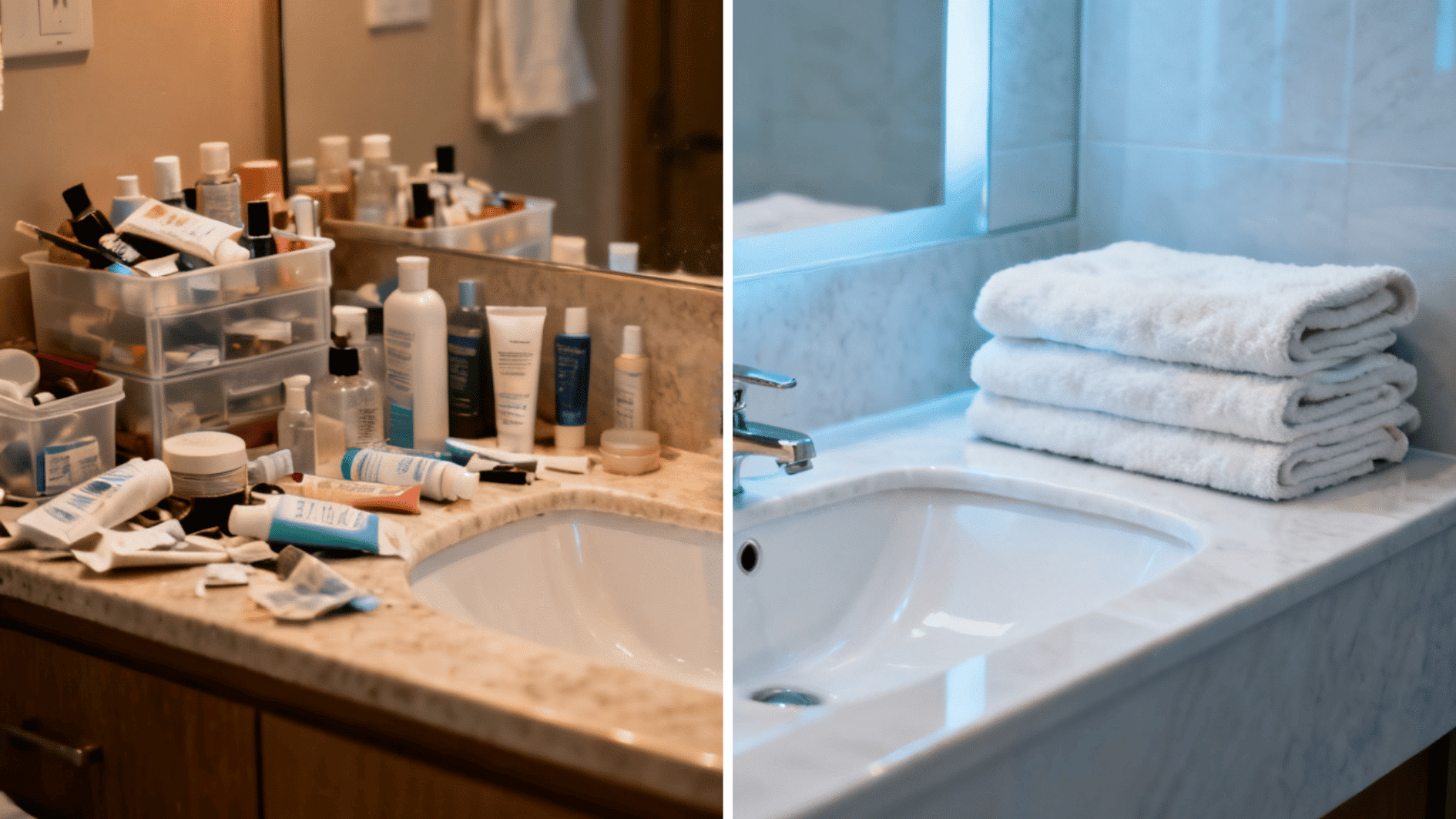 before and after bathroom counter organization showing scattered toiletries replaced with a clean tidy sink area