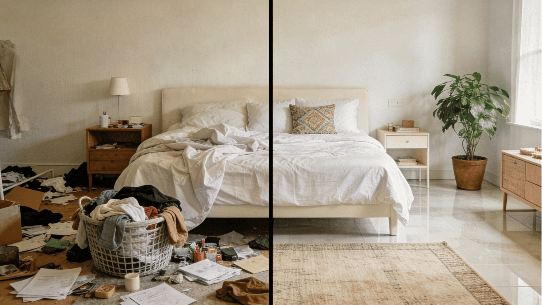 before and after bedroom transformation showing cluttered messy space compared with clean minimalist organized interior design