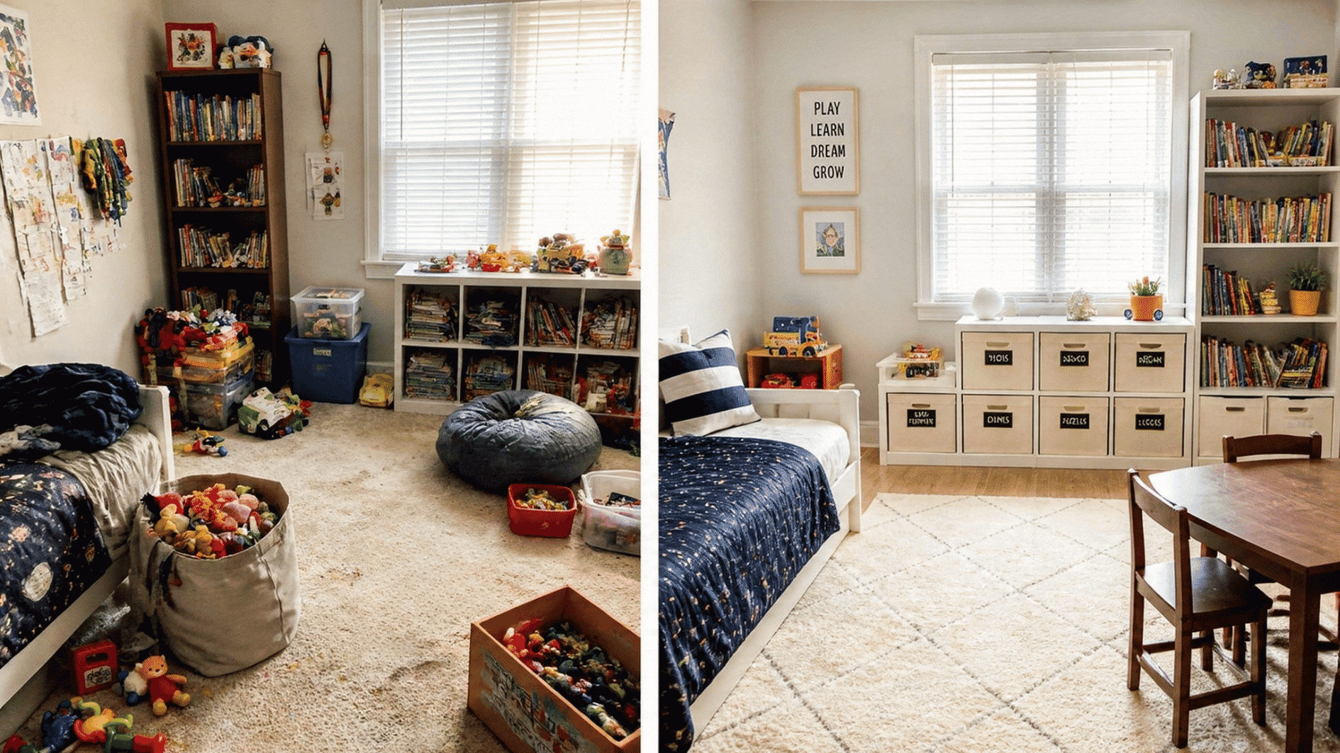 before and after children's bedroom makeover showing scattered toys transformed into a neat organized play space