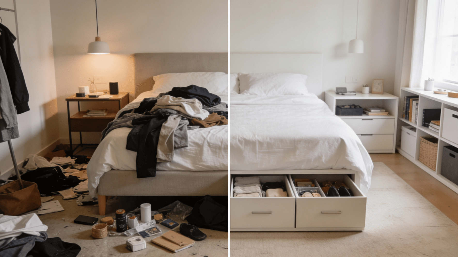 before and after of a bedroom after decluttering clean and organised