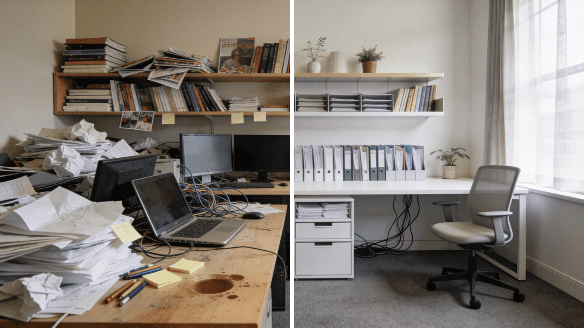 before and after office organization showing a messy desk transformed into a clean workspace with sorted files