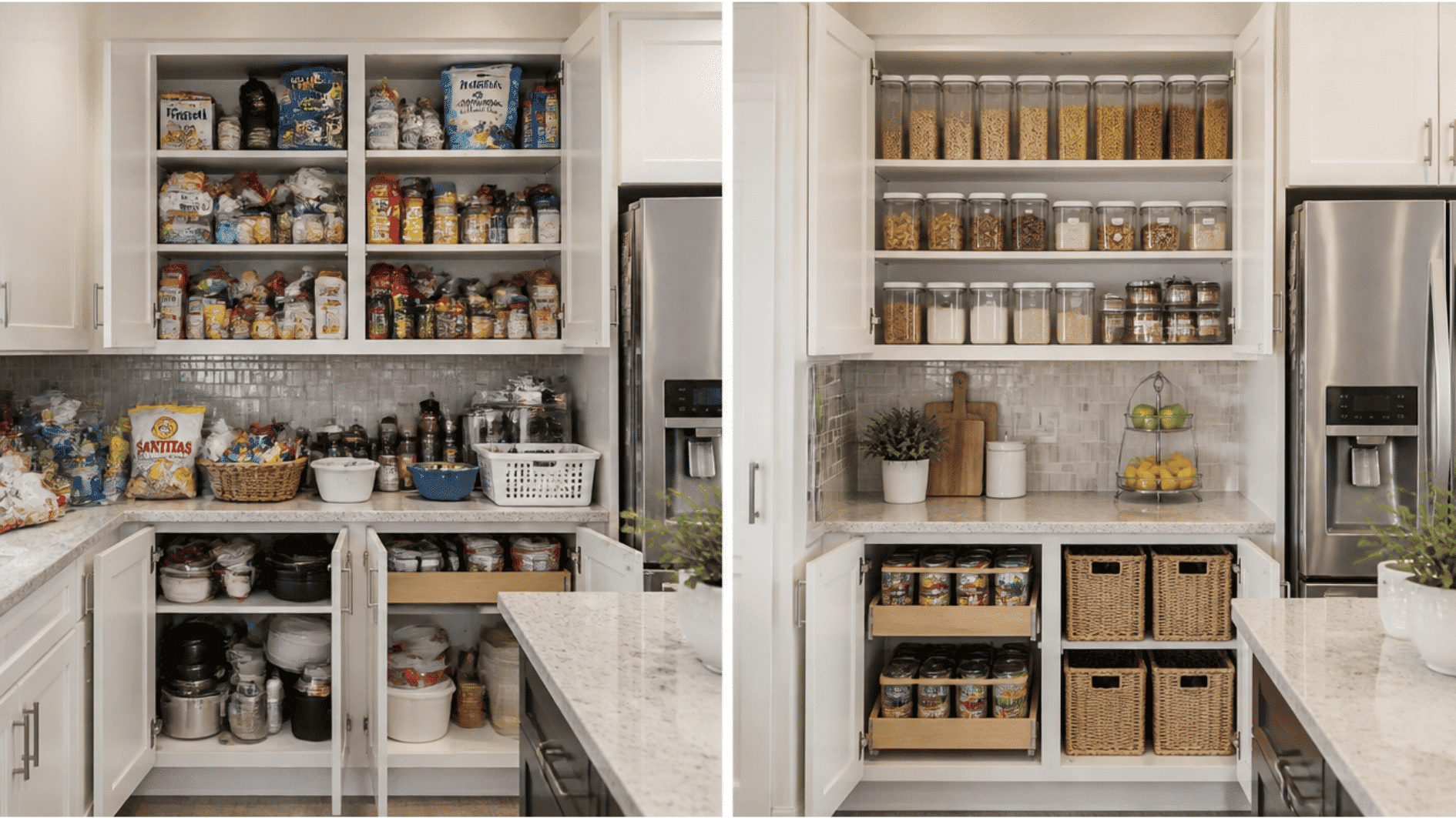 before and after pantry makeover showing cluttered shelves transformed into neatly labeled containers and storage bins