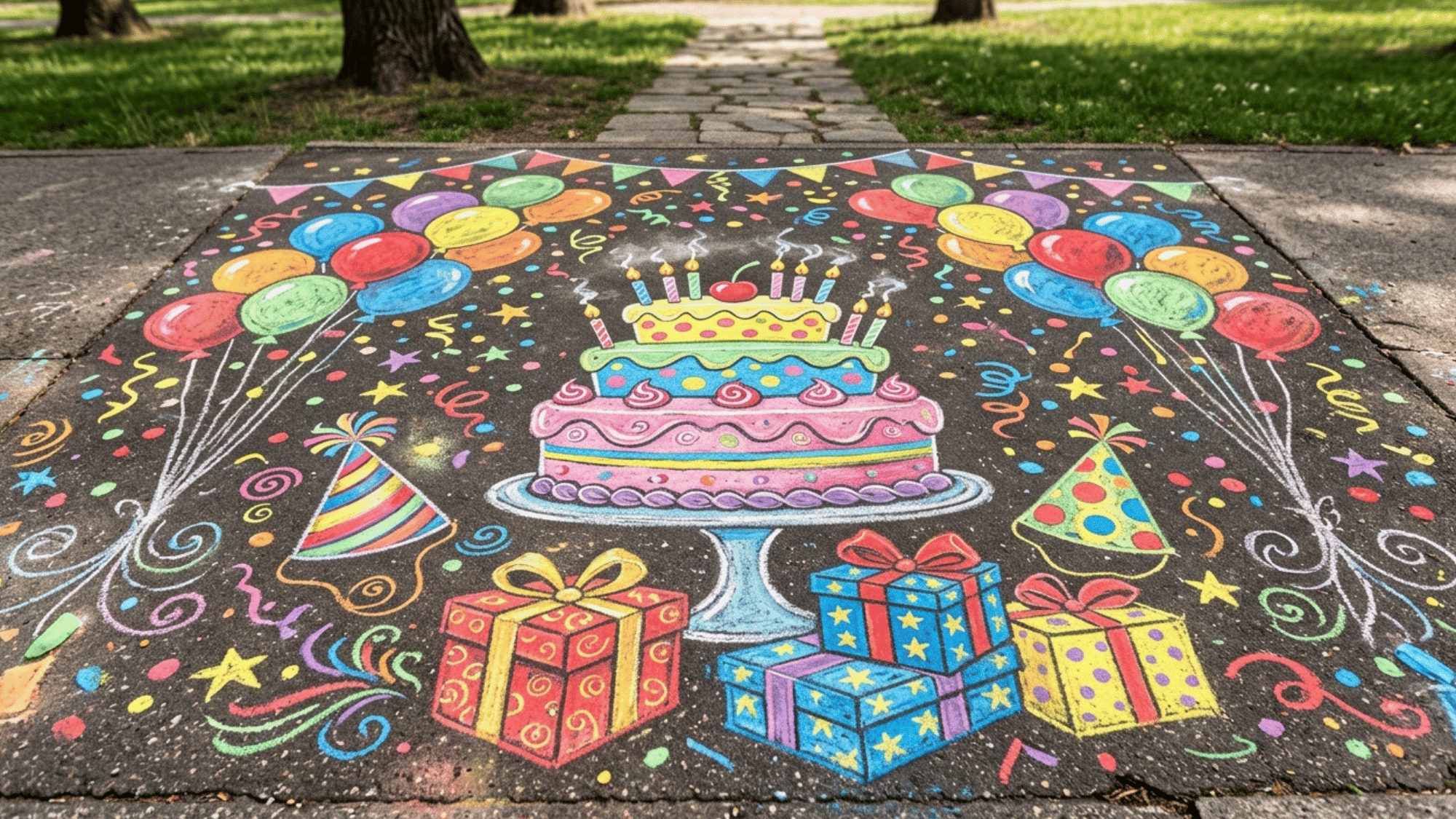 festive birthday chalk art drawing on pavement with a large birthday message