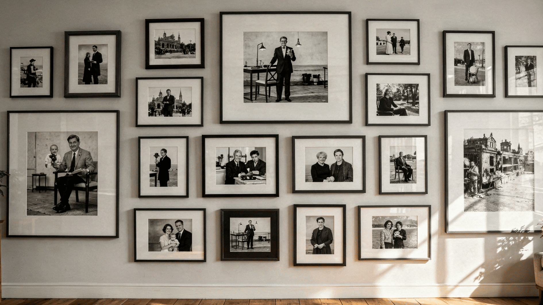 black and white gallery wall framed family photographs arranged in a balanced display on a bright wall