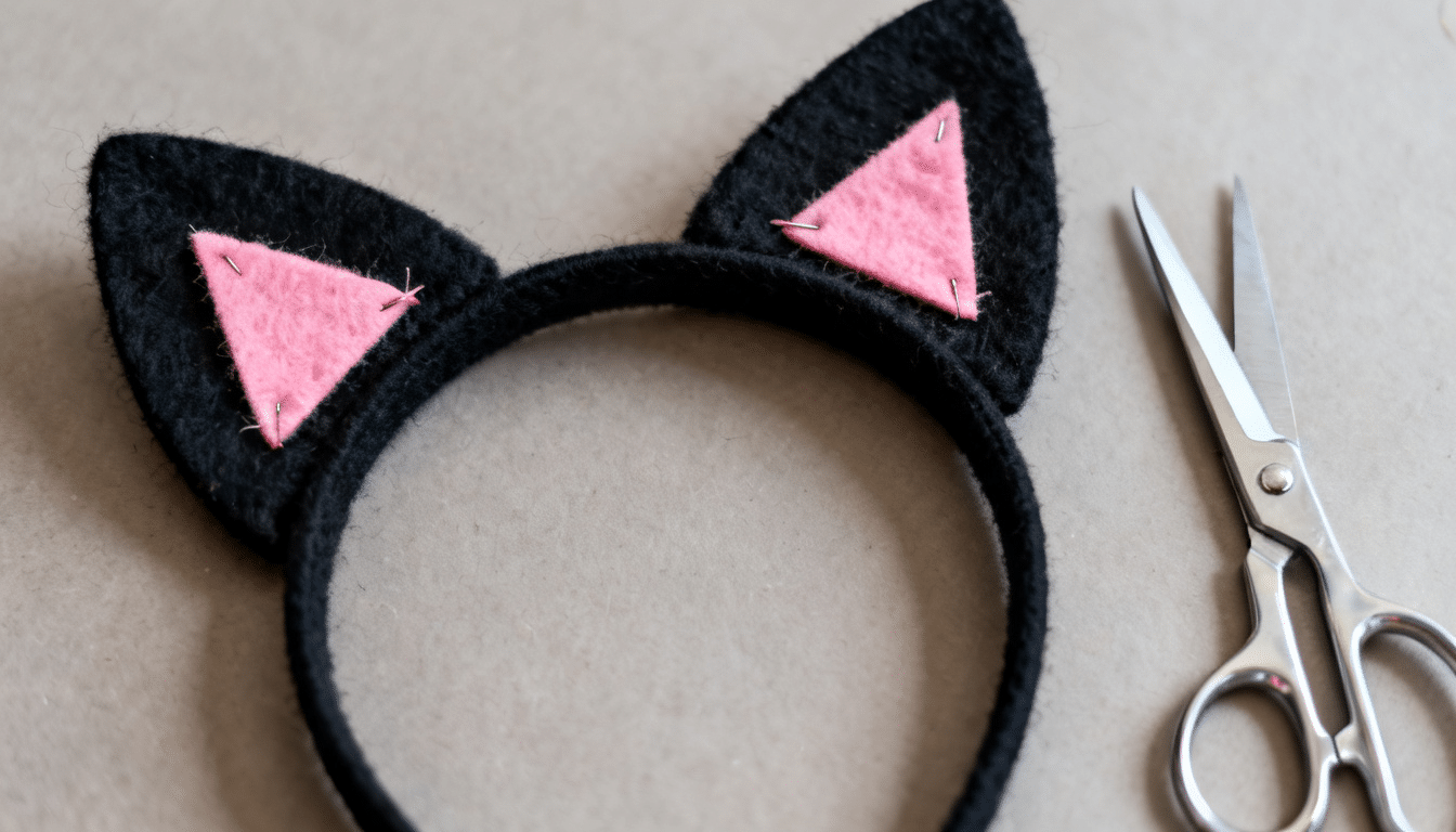 black felt cat ears attached to a headband with pink inner ears and scissors for a diy cat costume craft project