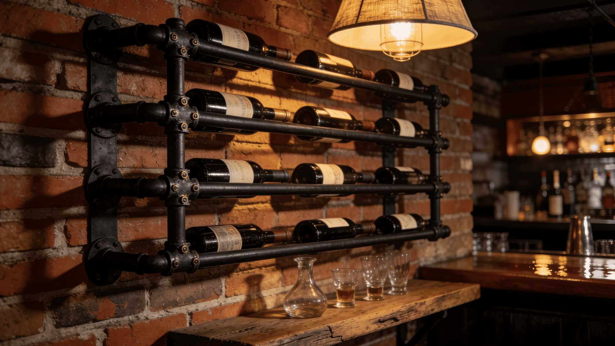 black iron pipe industrial wine rack mounted on brick wall holding bottles in basement bar