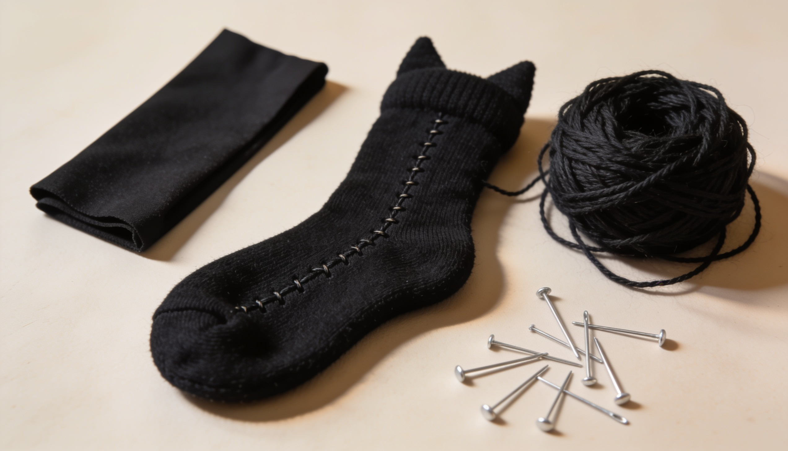 black sock, fabric, thread, and pins arranged as supplies for making a diy cat tail for a homemade costume