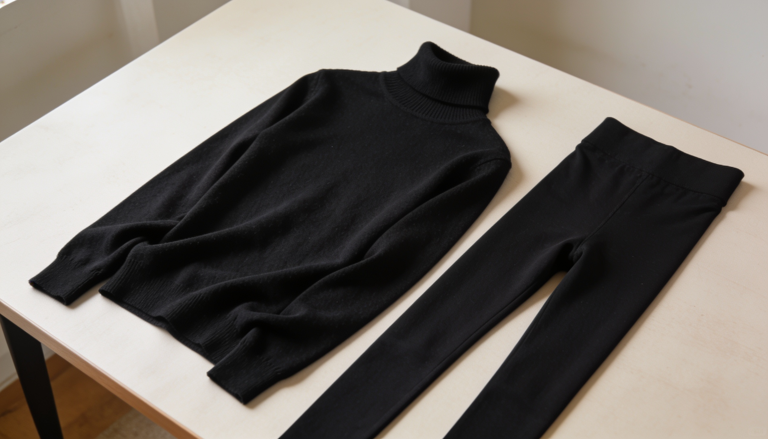 black turtleneck sweater and black leggings laid out on a white table