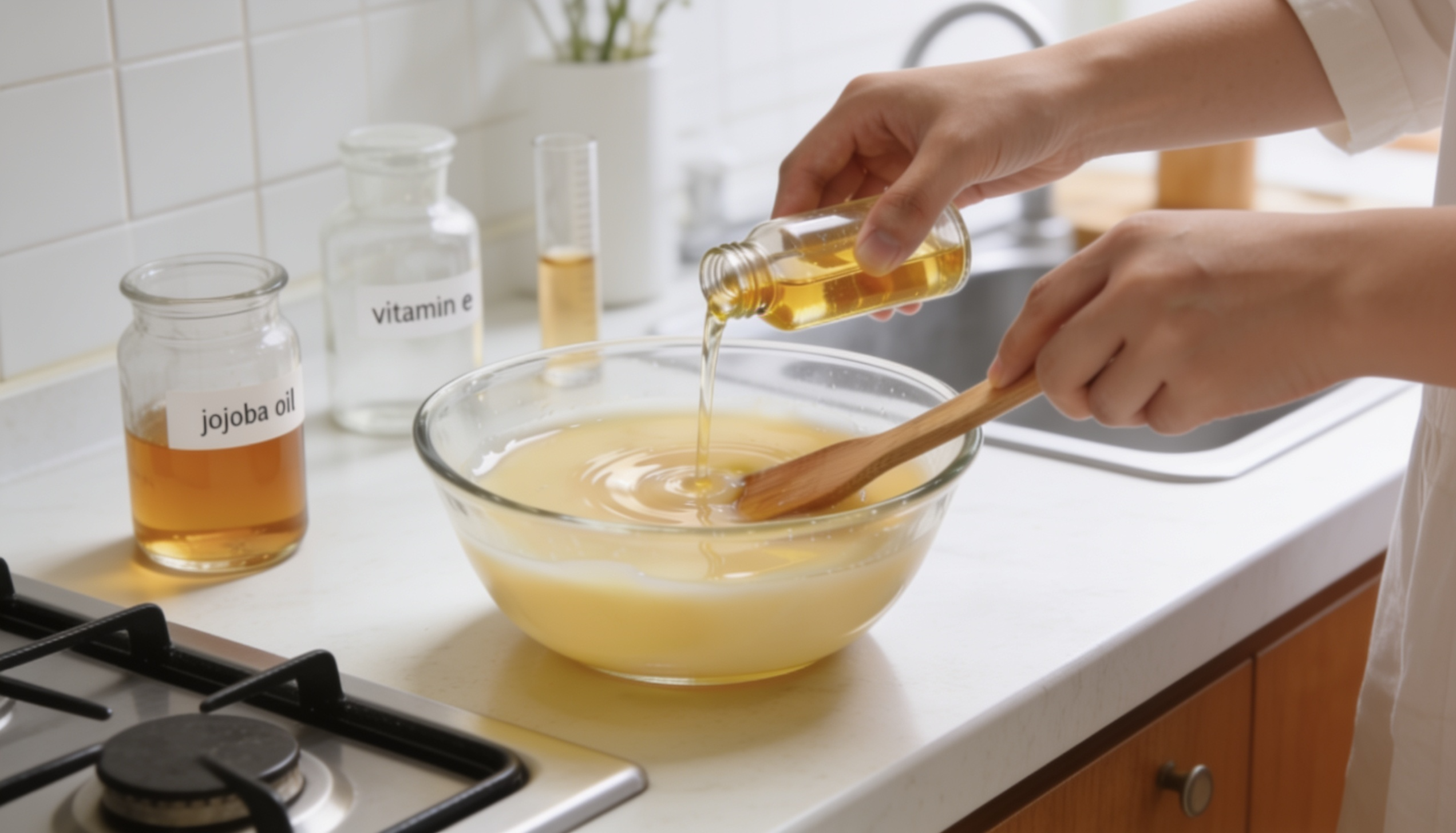Liquid oils being mixed into melted deodorant ingredients until smooth and evenly combined.