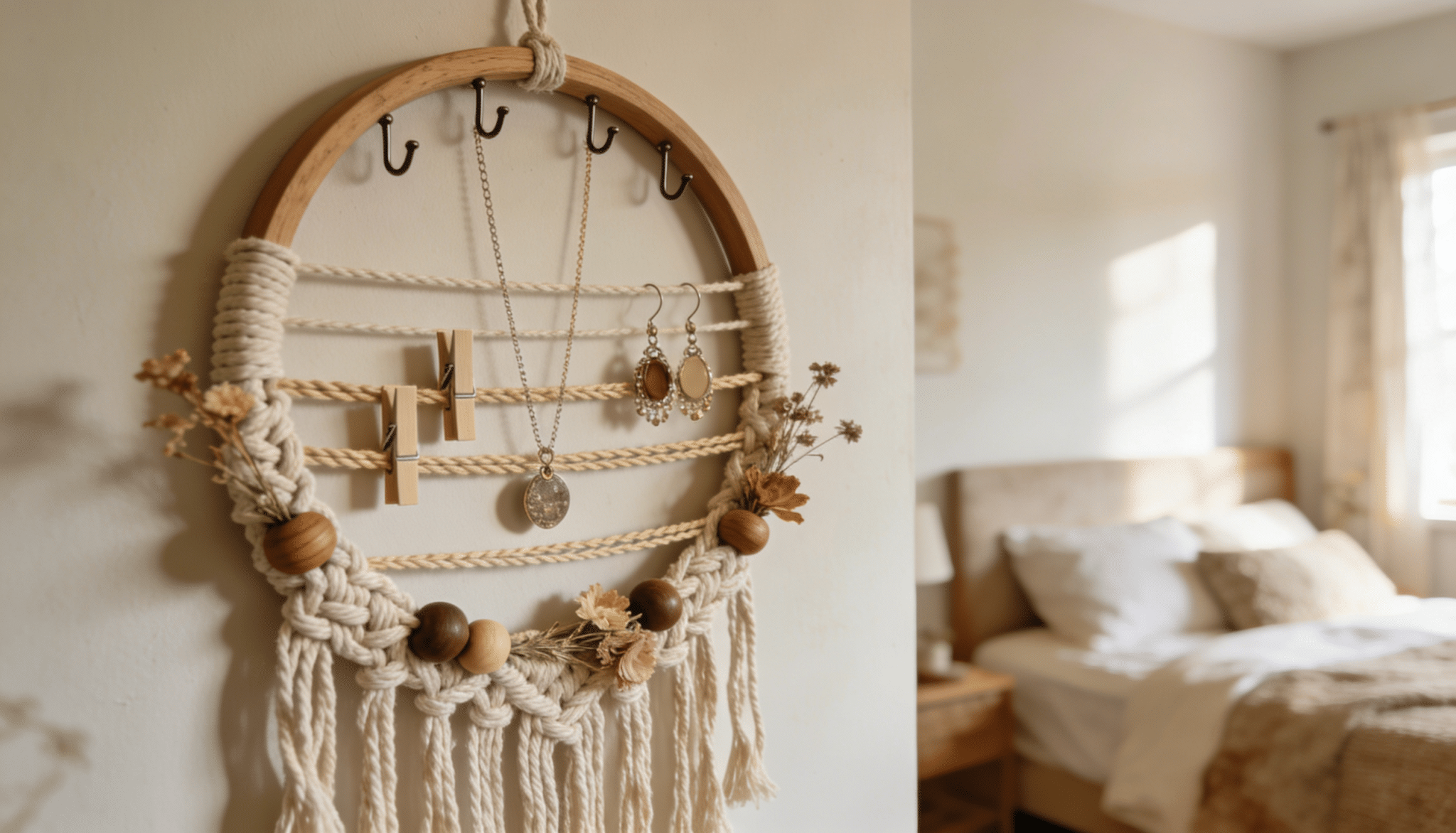 A boho DIY jewelry organizer made from a wooden hoop, macrame cord, wooden beads, and dried botanicals hanging neatly on a white wall.