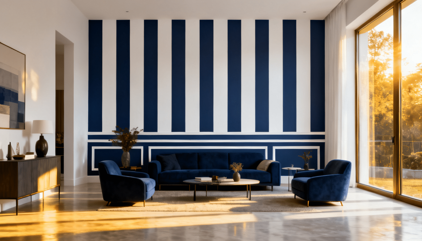 Bold painted stripe accent wall featuring crisp contrasting colors in a modern living room.