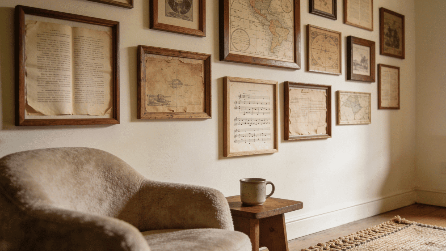 book page eclectic gallery wall featuring antique maps sheet music book pages and documents in rustic wooden frames