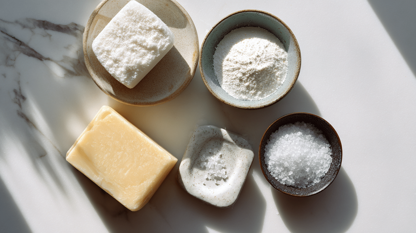 borax-free homemade laundry detergent ingredients including soap bars, washing soda, and coarse salt arranged on a countertop