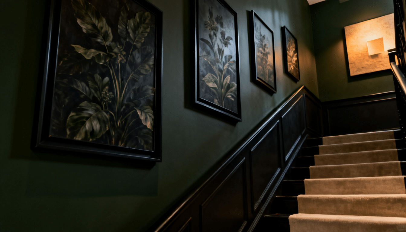 Botanical wall art with framed pressed leaves and ferns on a Staircase