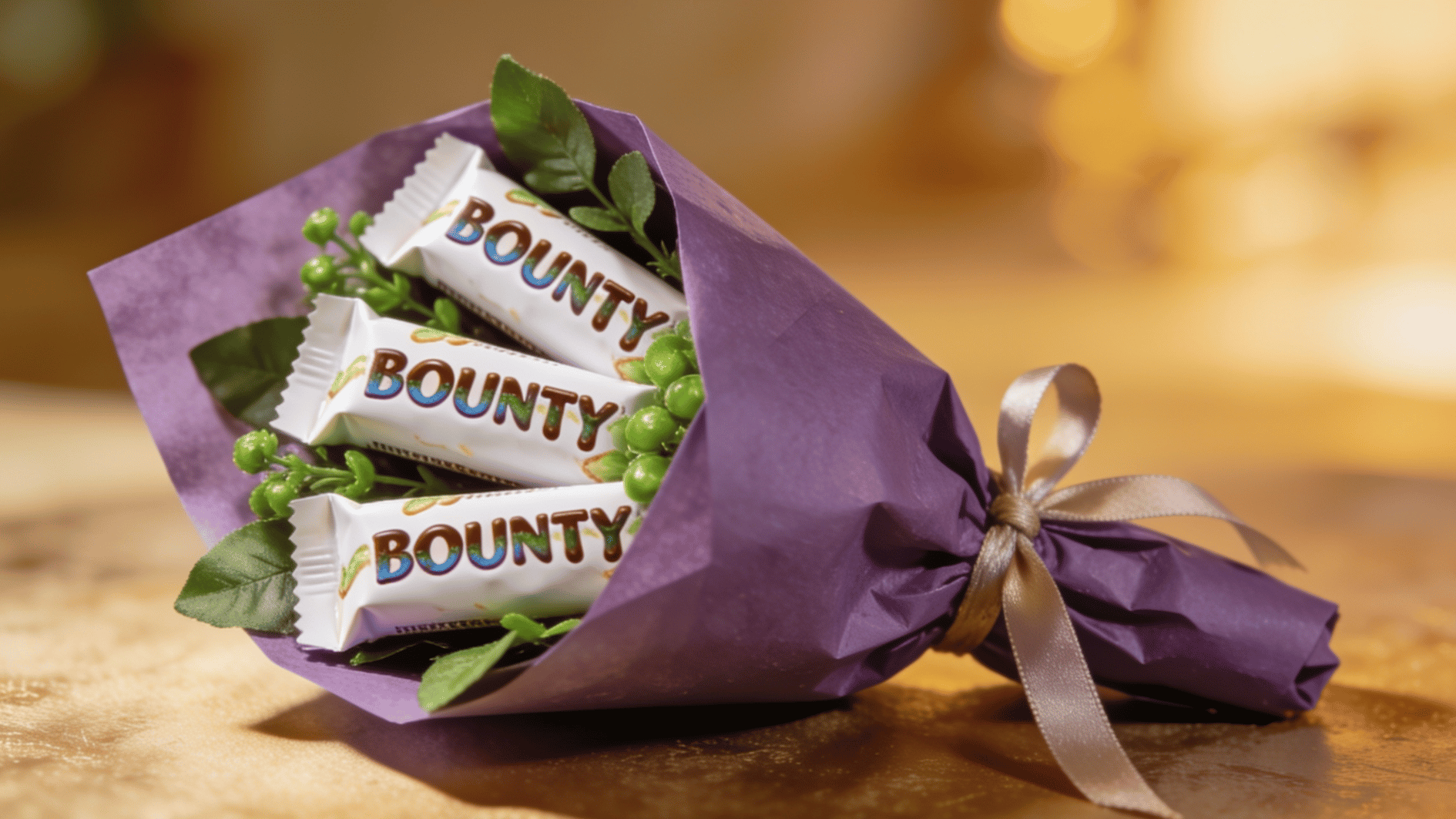 bounty chocolate bouquet wrapped in purple paper with greenery accents and tied with a satin ribbon
