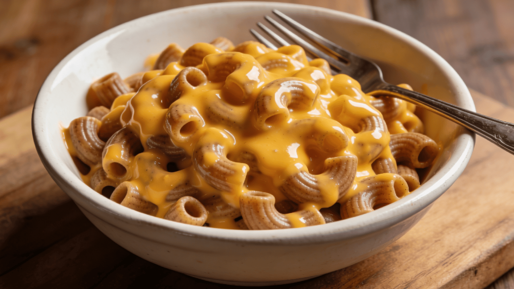 bowl of creamy whole grain mac and cheese with golden cheddar sauce and fork, healthy meal ideas for kids