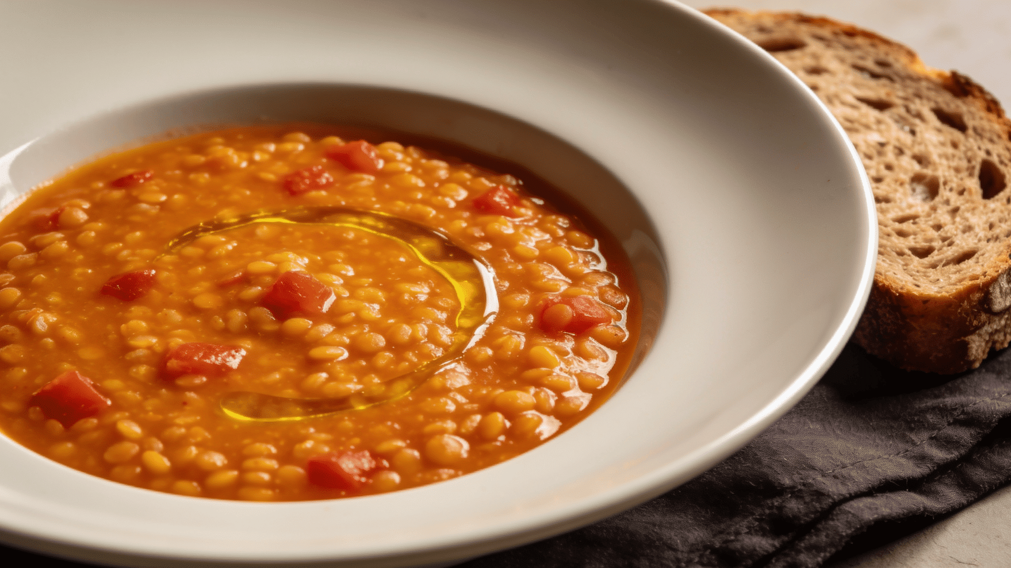 bowl of thick golden red lentil soup with olive oil drizzle and whole grain bread, healthy meal ideas for kids