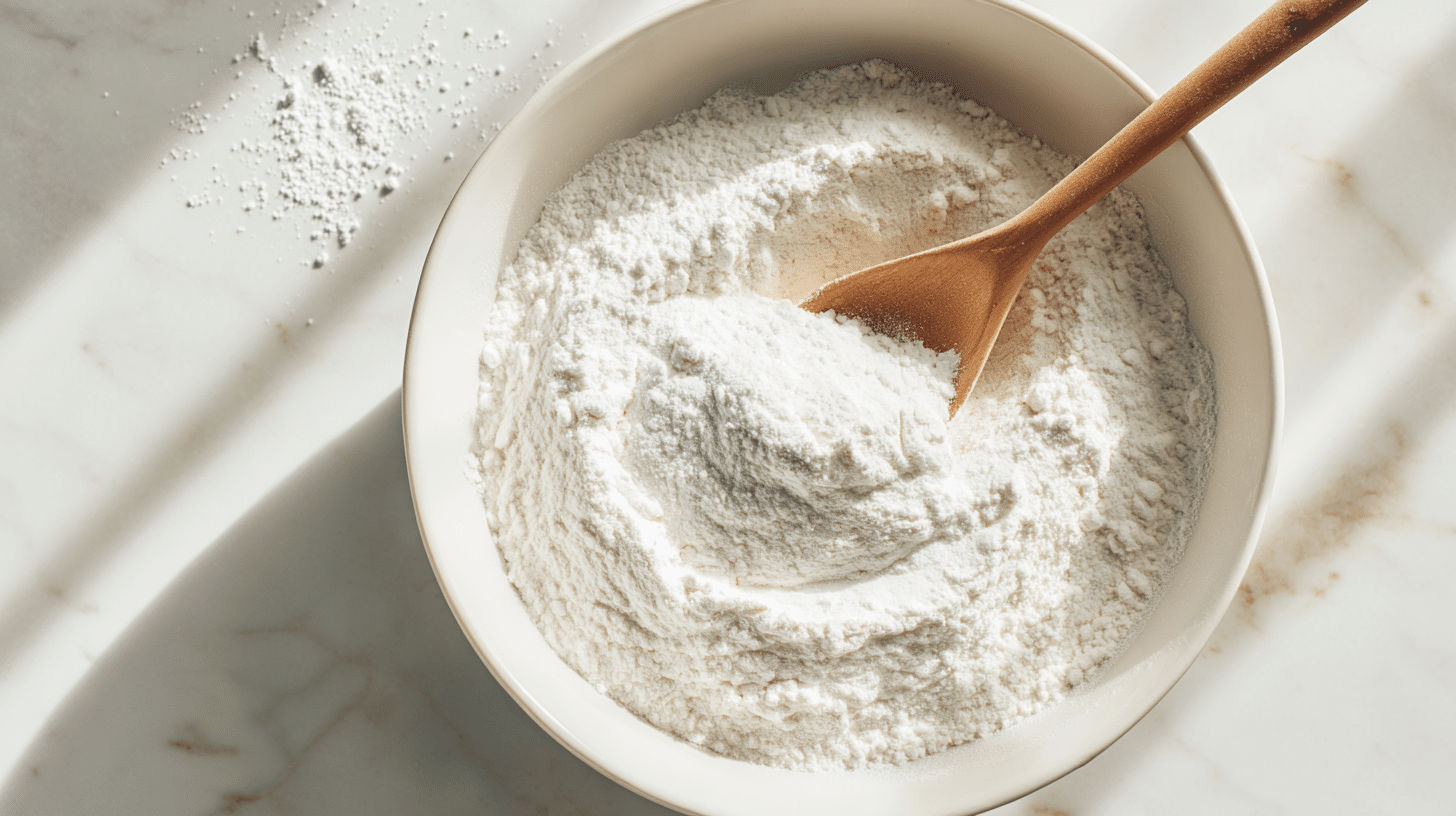 bowl of white laundry detergent powder with a wooden spoon on a marble surface, ready for diy laundry soap making