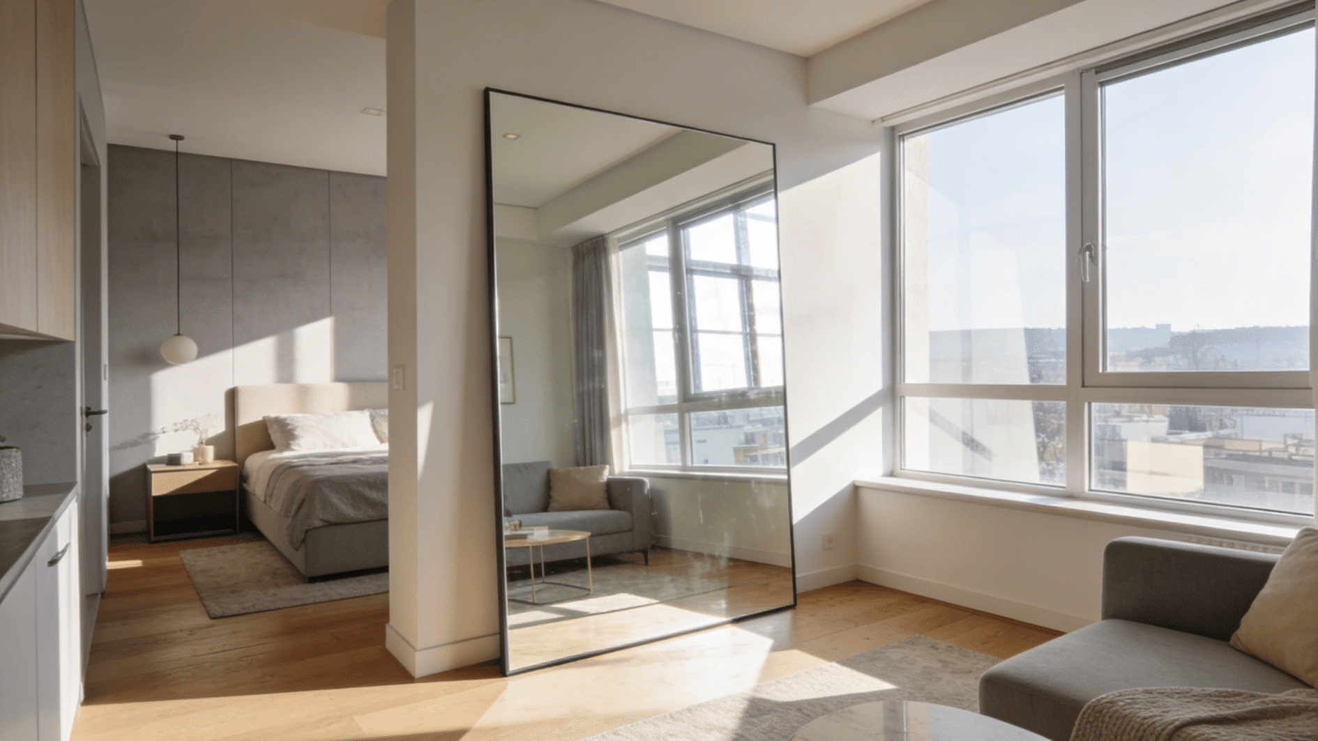 bright apartment interior with oversized floor mirror, expansive windows and open bedroom view in natural daylight