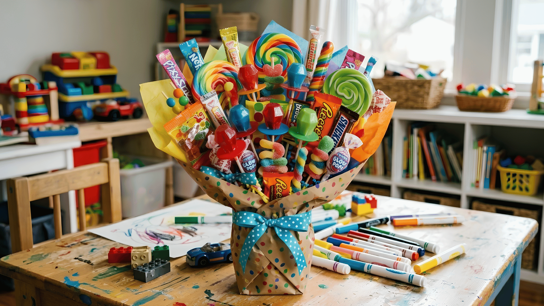 bright candy bouquet with lollipops gummies chocolate bars and sweets in a colorful polka dot container