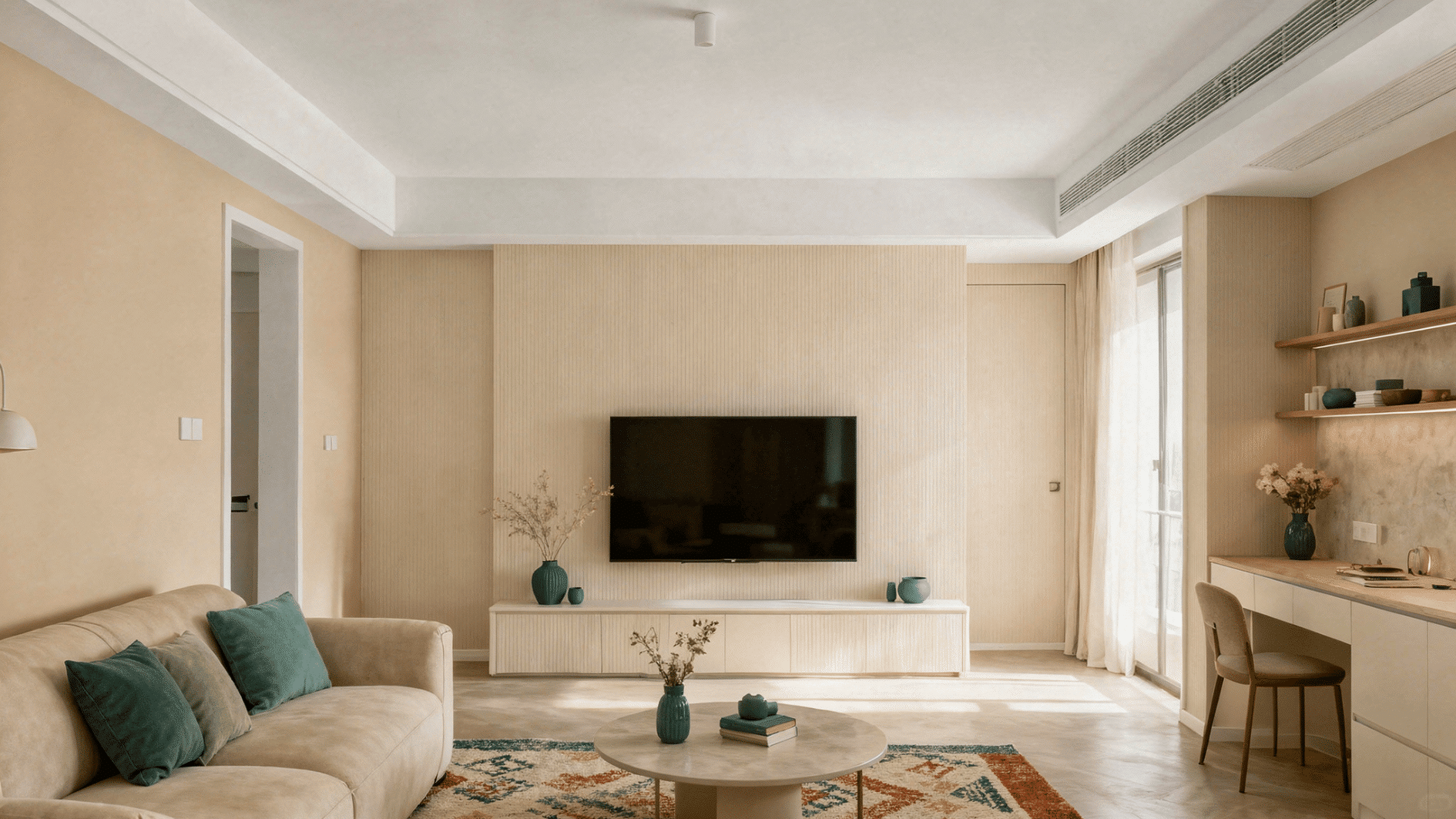 bright living room with wall mounted television, built in desk and soft neutral furnishings