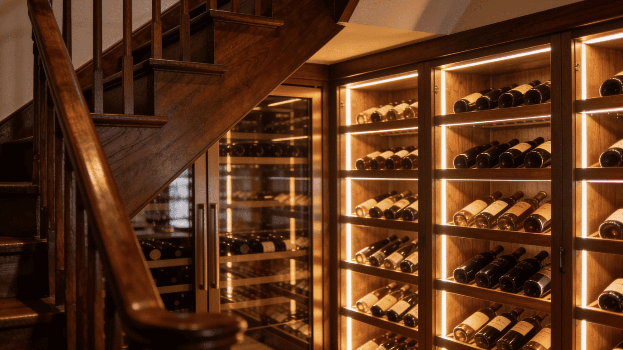 built in wine cellar under wooden staircase with led lit bottle shelves dark wood finish