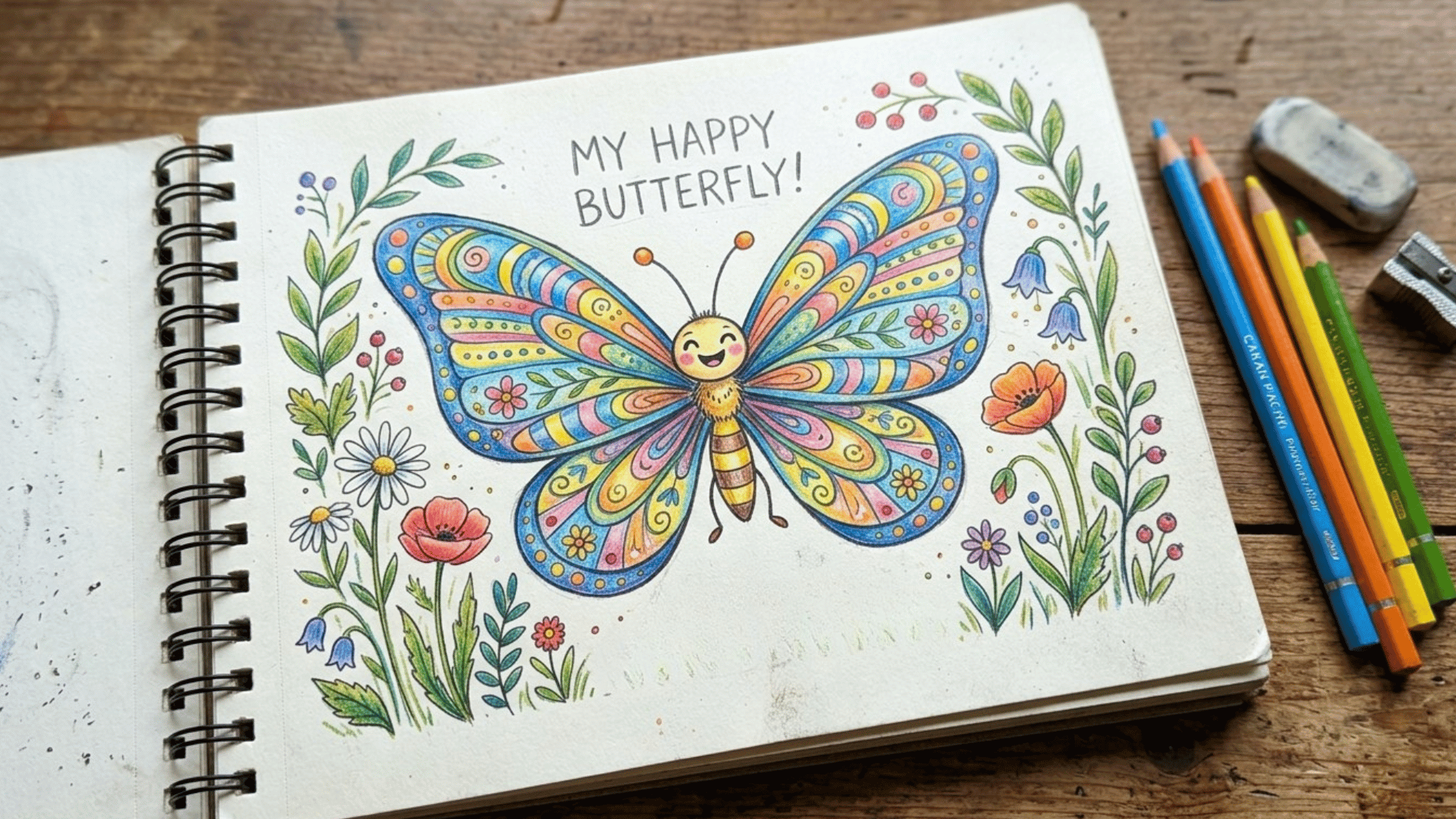 realistic sketch file drawing of a butterfly coloured with pencil colours