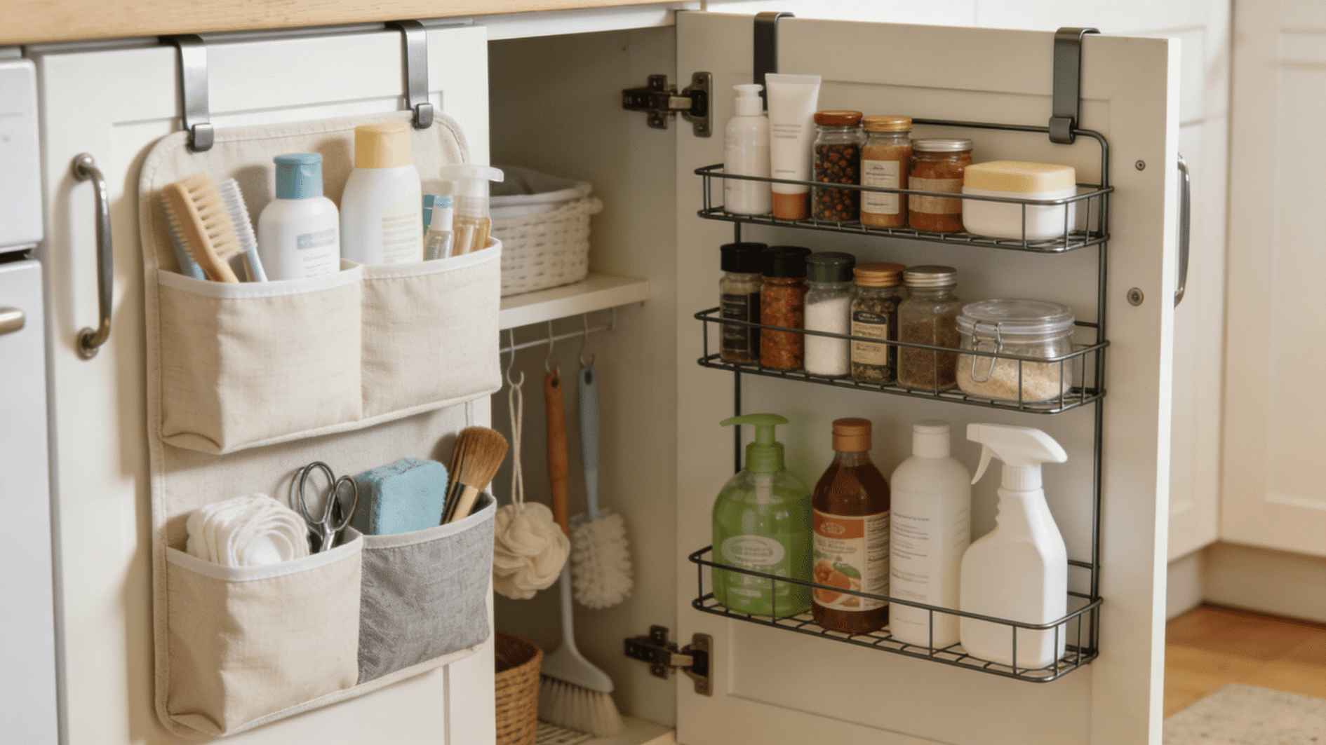 cabinet door organizers with storage baskets holding household and kitchen essentials