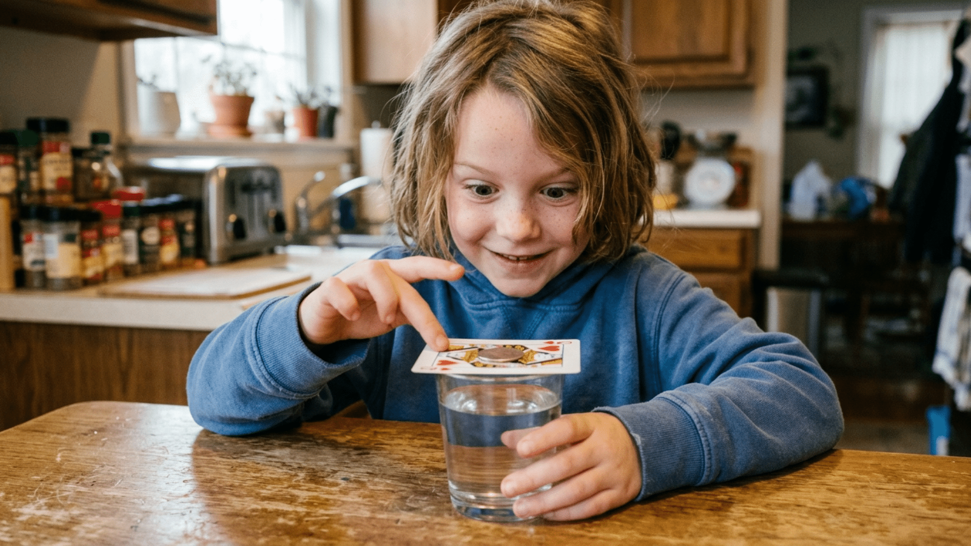 child flicking a card so a coin drops straight into a cup during an inertia experiment