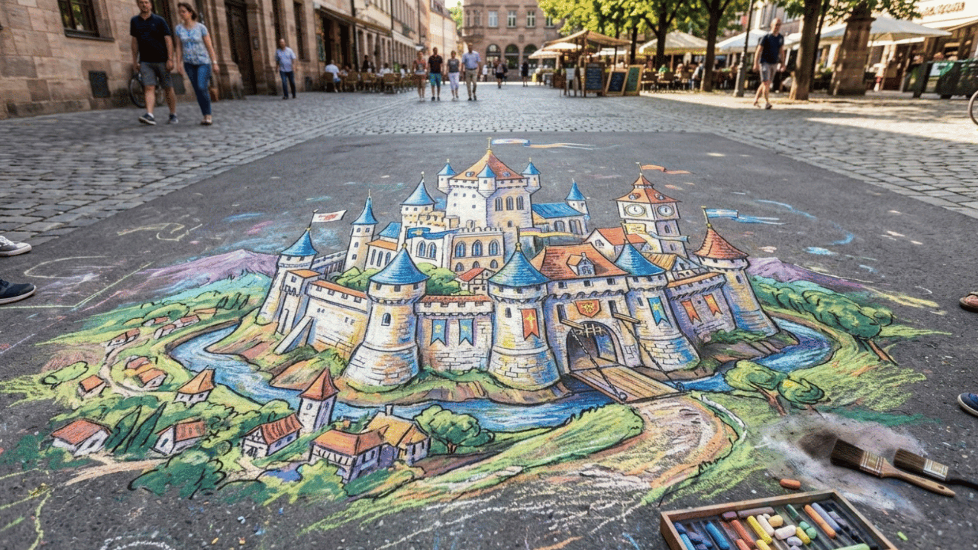 magical chalk art castle on pavement with tall towers, flags, stone walls, windows