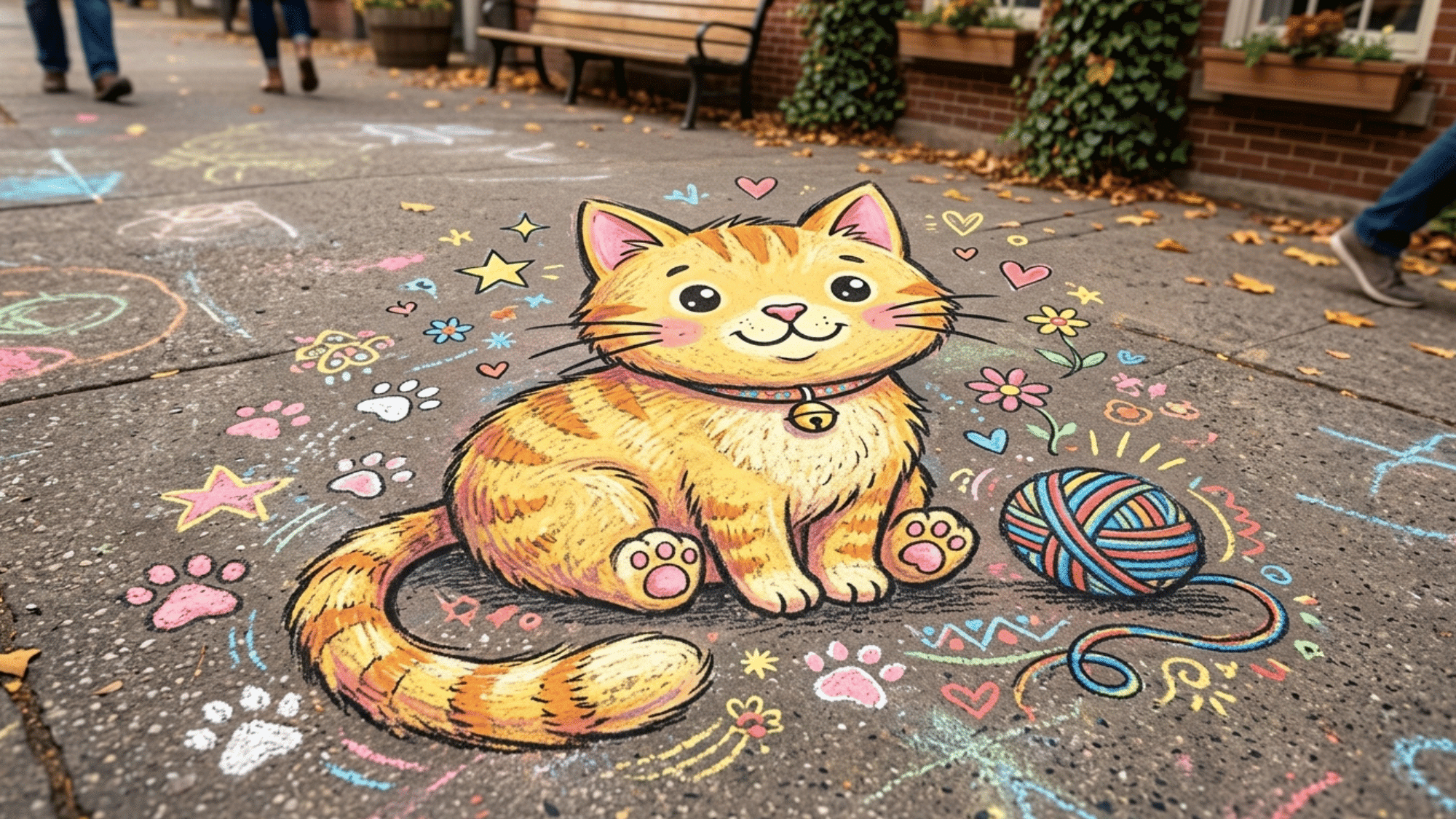 charming sidewalk chalk art cat with pointed ears, round eyes, whiskers, paws