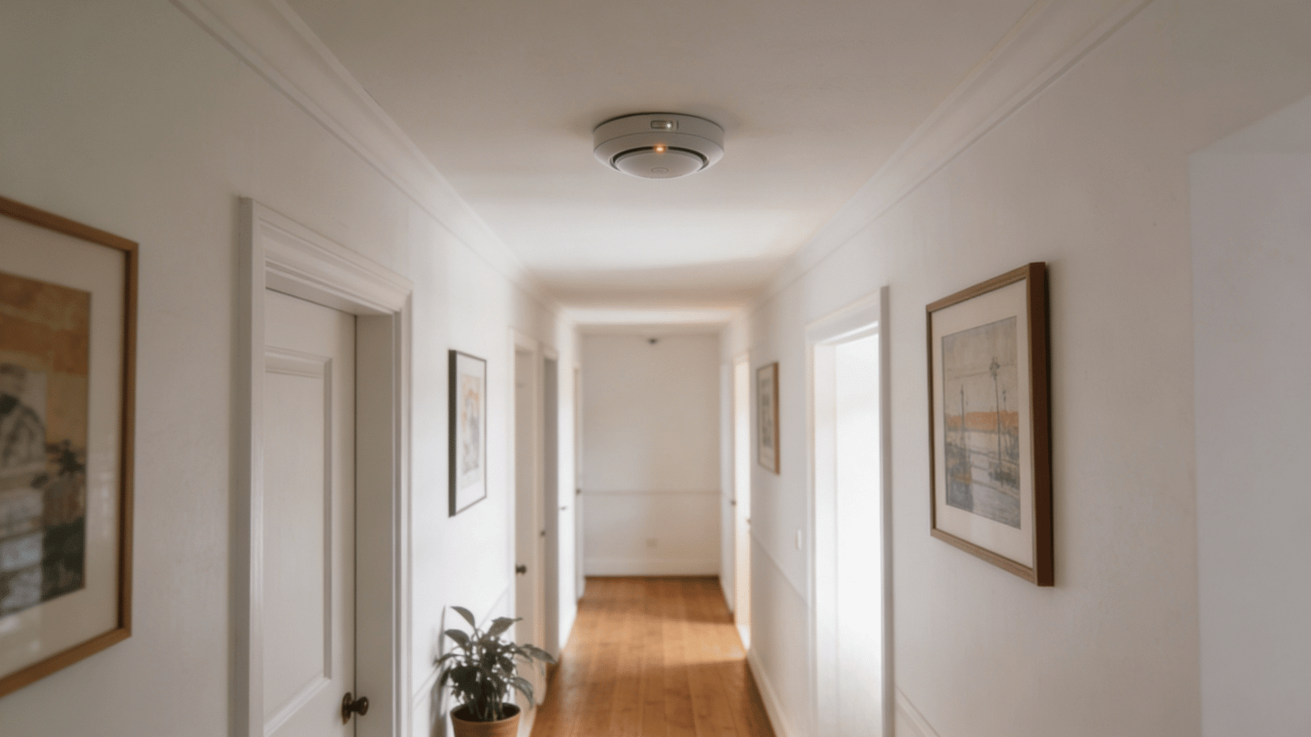 ceiling mounted smoke detector with indicator lights installed in bright hallway with framed artwork and plants